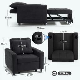 Rackhams 3-in-1 Sofa Bed, Convertible Sleeper Chair with Adjustable Backrest - Plastic - Black - Linen-look fabric - thumbnail 3