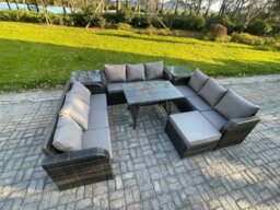Rackhams 10 Seater Wicker Rattan Garden Furniture Set with Rectangular Dining Table 2 Side Tables Big Footstool Patio Outdoor Lounge Sofa Set - thumbnail 2