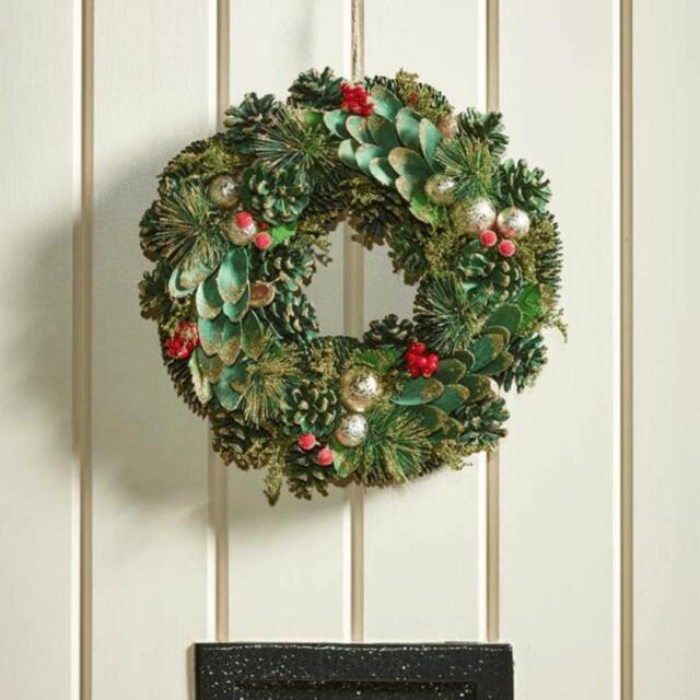 Rackhams 36cm Bauble and Pinecone Hanging Christmas Wreath with Red Berries - image 1