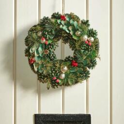 Rackhams 36cm Bauble and Pinecone Hanging Christmas Wreath with Red Berries - thumbnail 1