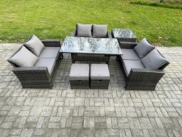 Rackhams Outdoor Lounge Sofa Set - Dark Grey Mixed PE Wicker Rattan Garden Furniture with Oblong Dining Table & 2 Small Footstools - thumbnail 1