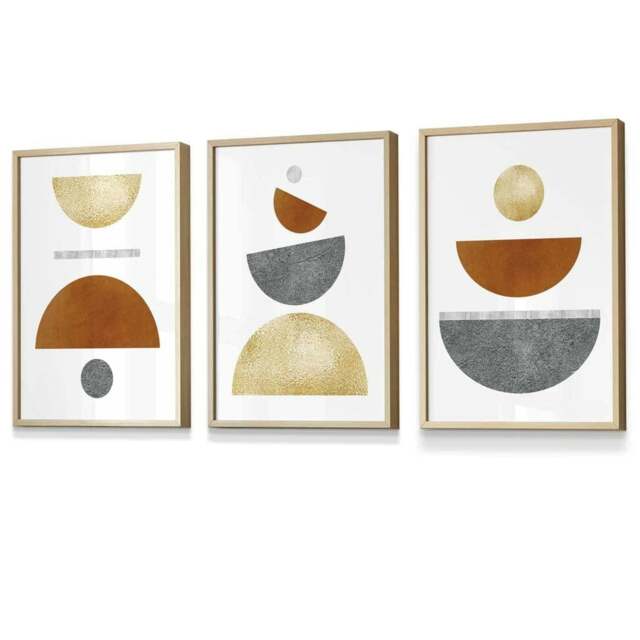 Rackhams Set of 3 Orange, Gold and Grey Mid Century Geometric Framed Wall Art - 42x59cm (A2) - Light Oak - image 1