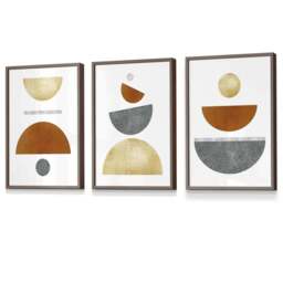Rackhams Set of 3 Orange, Gold and Grey Mid Century Geometric Framed Wall Art - 42x59cm (A2) - Light Oak - thumbnail 3