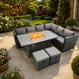 Rackhams 8 Seater Outdoor Corner Sofa Gas Fire Pit Dining Table Set Garden Rattan Furniture Set with 2 Small Stools Dark Grey