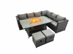 Rackhams 8 Seater Outdoor Corner Sofa Gas Fire Pit Dining Table Set Garden Rattan Furniture Set with 2 Small Stools Dark Grey - thumbnail 1