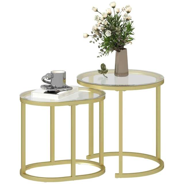 Rackhams Modern Coffee Table Set of 2, Nest of Tables with Steel Frame and Tempered Glass Tabletop, Side Tables for Living Room Bedroom, Clear