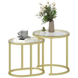 Rackhams Modern Coffee Table Set of 2, Nest of Tables with Steel Frame and Tempered Glass Tabletop, Side Tables for Living Room Bedroom, Clear