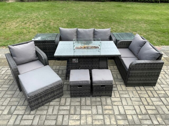 Rackhams Garden Patio Furniture Wicker Rattan Gas Fire Pit Table and Sofa Chair set with 2 Side Tables 3 Footstool - image 1
