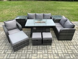 Rackhams Garden Patio Furniture Wicker Rattan Gas Fire Pit Table and Sofa Chair set with 2 Side Tables 3 Footstool - thumbnail 1