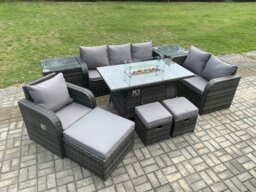 Rackhams Garden Patio Furniture Wicker Rattan Gas Fire Pit Table and Sofa Chair set with 2 Side Tables 3 Footstool - thumbnail 2