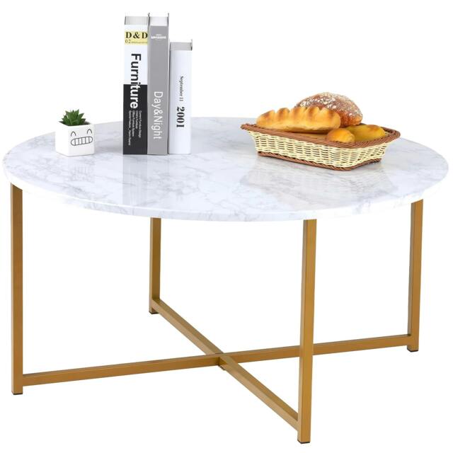 Rackhams Round Coffee Table, Faux Marble Living Room Table with Gold Metal Frame - White and Gold - image 1