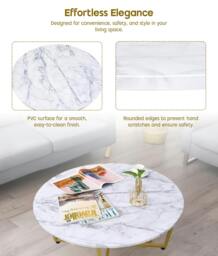 Rackhams Round Coffee Table, Faux Marble Living Room Table with Gold Metal Frame - White and Gold - thumbnail 5