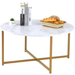 Rackhams Round Coffee Table, Faux Marble Living Room Table with Gold Metal Frame - White and Gold - thumbnail 1