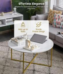 Rackhams Round Coffee Table, Faux Marble Living Room Table with Gold Metal Frame - White and Gold - thumbnail 6