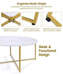 Rackhams Round Coffee Table, Faux Marble Living Room Table with Gold Metal Frame - White and Gold - thumbnail 4