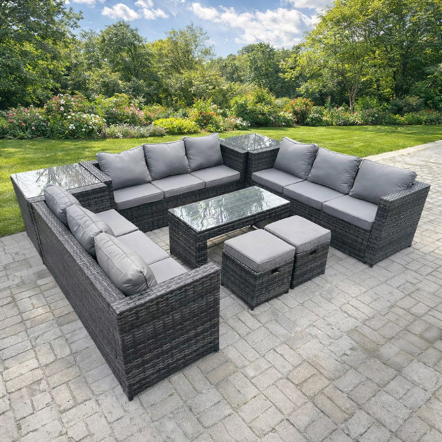 Rackhams 11 Seater Rattan Garden Furniture Set with Rectangular Coffee Table, 2 Corner Side Tables & 2 Stools - image 1