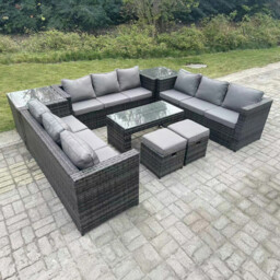 Rackhams 11 Seater Rattan Garden Furniture Set with Rectangular Coffee Table, 2 Corner Side Tables & 2 Stools - thumbnail 2