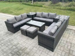 Rackhams 11 Seater Rattan Garden Furniture Set with Rectangular Coffee Table, 2 Corner Side Tables & 2 Stools - thumbnail 3