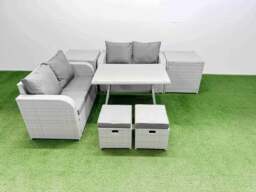 Rackhams 6 Seater Outdoor Love Sofa Set Rattan Garden Furniture Set with Rectangular Dining Table 2 Side Tables 2 Small Footstool Light Grey - thumbnail 1