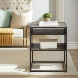 Rackhams Industrial Square Side Table With Open Storage Grey Walnut - thumbnail 4