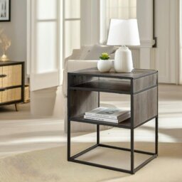 Rackhams Industrial Square Side Table With Open Storage Grey Walnut - thumbnail 1