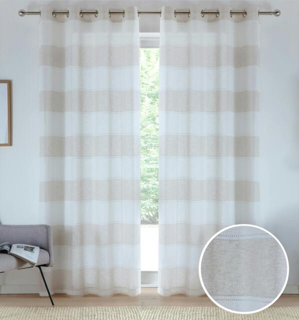 "Rackhams Eyelet Header Linen-Look Modern Striped Voile Panel - Pair - Natural - 57"" (145cm) Width x 72"" (183cm) Drop" - image 1