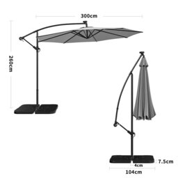 Rackhams 3M Cantilever Garden Parasols Beige/Light Grey/Dark Grey Iron Banana Umbrella with LED Lights - Cross base+Petal water tank base - Light Grey