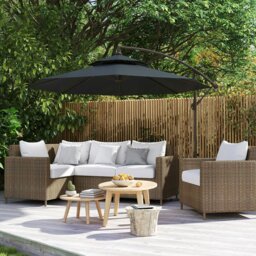 Rackhams 2.7m Garden Banana Parasol Cantilever Umbrella with Crank Handle, Double Tier Canopy and Cross Base for Outdoor, Hanging Sun Shade, Beige - Black - 267cm x 267cm x 265cm - thumbnail 1