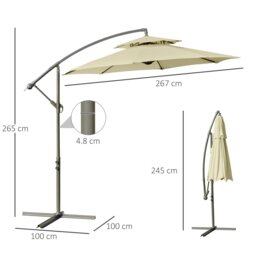 Rackhams 2.7m Garden Banana Parasol Cantilever Umbrella with Crank Handle, Double Tier Canopy and Cross Base for Outdoor, Hanging Sun Shade, Beige - Black - 267cm x 267cm x 265cm - thumbnail 6