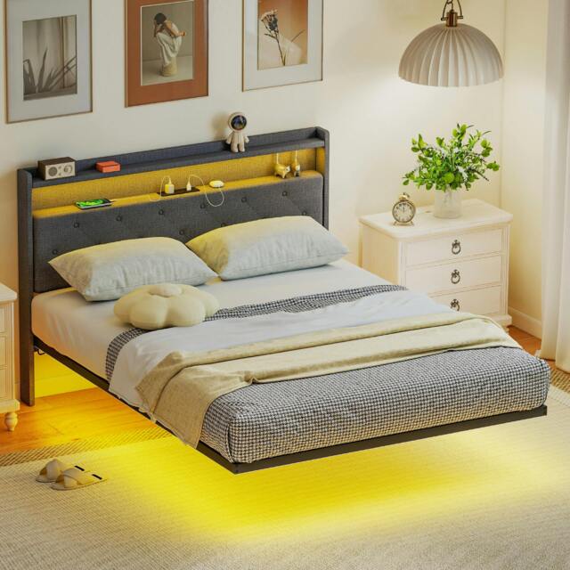 Rackhams Floating Bed Frame with RGB Lights, Upholstered Double Size Bed, Grey - Grey - 200 - Linen-look fabric - image 1