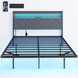 Rackhams Floating Bed Frame with RGB Lights, Upholstered Double Size Bed, Grey - Grey - 200 - Linen-look fabric - thumbnail 2