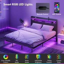 Rackhams Floating Bed Frame with RGB Lights, Upholstered Double Size Bed, Grey - Grey - 200 - Linen-look fabric - thumbnail 5