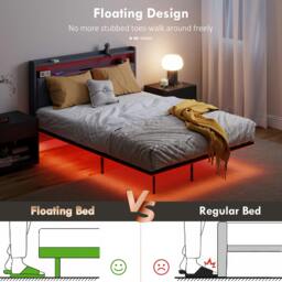 Rackhams Floating Bed Frame with RGB Lights, Upholstered Double Size Bed, Grey - Grey - 200 - Linen-look fabric - thumbnail 4