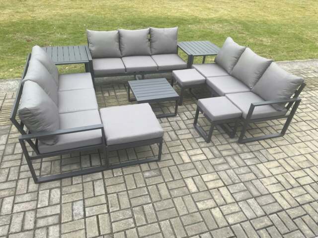 Rackhams Aluminium Outdoor Garden Furniture Set Patio Lounge Sofa with Square Coffee Table 2 Side Tables 3 Footstools Conservatory Set Dark Grey - image 1