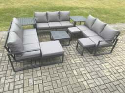 Rackhams Aluminium Outdoor Garden Furniture Set Patio Lounge Sofa with Square Coffee Table 2 Side Tables 3 Footstools Conservatory Set Dark Grey - thumbnail 1
