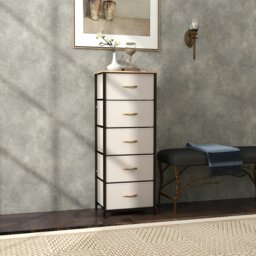 Rackhams 5 Drawer Fabric Chest of Drawers w/ Wooden Top for Hallway Cream - thumbnail 2
