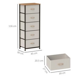 Rackhams 5 Drawer Fabric Chest of Drawers w/ Wooden Top for Hallway Cream - thumbnail 4