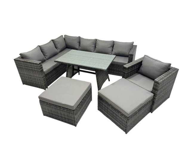 Rackhams 9 seater Outdoor PE Rattan Sofa Set with Dining Table Patio Garden Furniture Sets with Chair 2 Big Stools Dark Grey Mixed - image 1