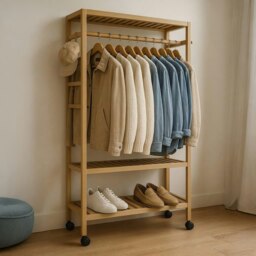 Rackhams Wooden 4-in-1 Open Wardrobe With Shoe Rack - Bamboo - Natural Brown - 1