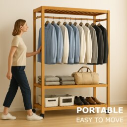 Rackhams Wooden 4-in-1 Open Wardrobe With Shoe Rack - Bamboo - Natural Brown - 1 - thumbnail 5