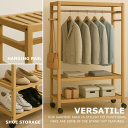 Rackhams Wooden 4-in-1 Open Wardrobe With Shoe Rack - Bamboo - Natural Brown - 1 - thumbnail 3