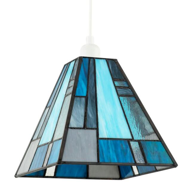 Rackhams Art Deco Tiffany Pendant Lighting Shade with Pale and Navy Blue Panels - image 1