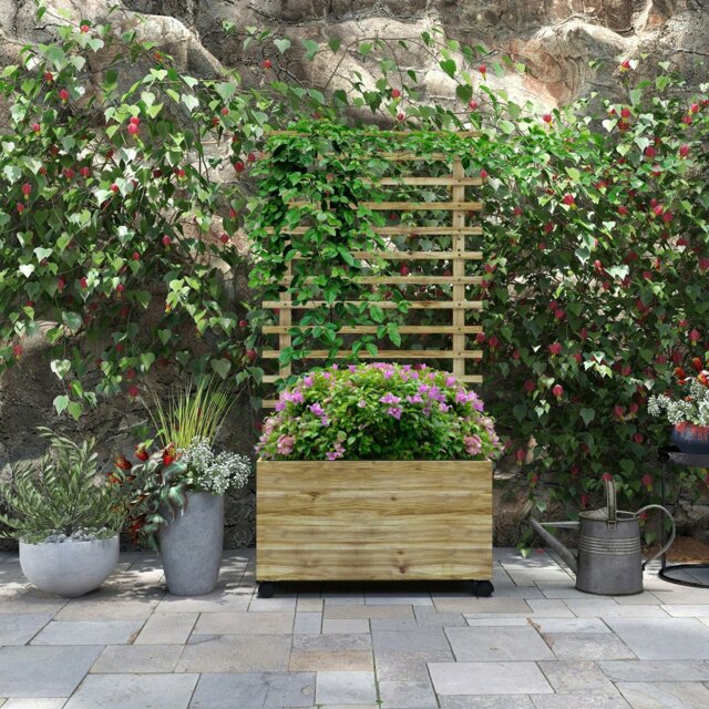 Rackhams Garden Wooden Trellis Planter Box Raised Bed w/ 4 Wheels, Natural - Natural wood finish - Fir Wood - 76cm x 30cm x 155cm - image 1