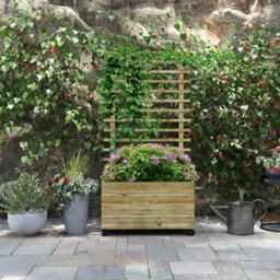 Rackhams Garden Wooden Trellis Planter Box Raised Bed w/ 4 Wheels, Natural - Natural wood finish - Fir Wood - 76cm x 30cm x 155cm - thumbnail 1