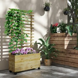 Rackhams Garden Wooden Trellis Planter Box Raised Bed w/ 4 Wheels, Natural - Natural wood finish - Fir Wood - 76cm x 30cm x 155cm - thumbnail 3