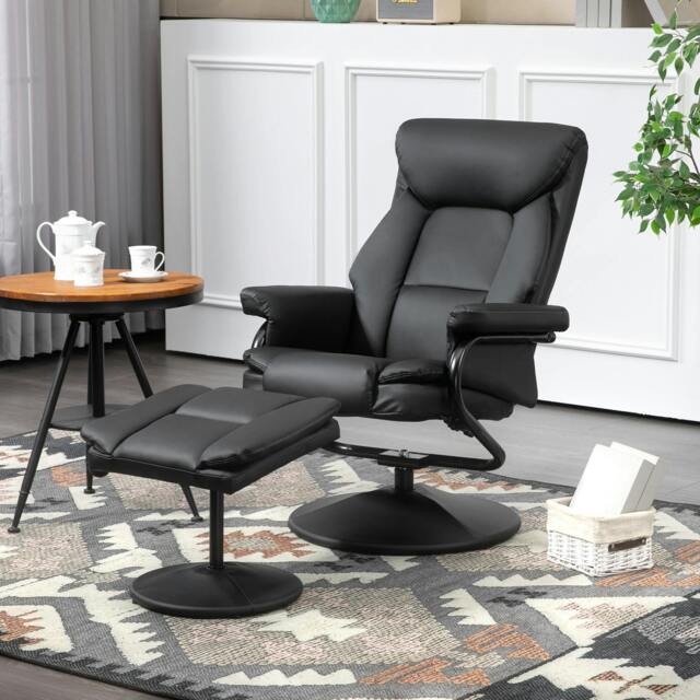 Rackhams PU Leather Swivel Recliner Armchair with Ottoman, Black - Black - Steel - Black - image 1