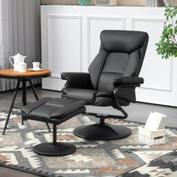 Rackhams PU Leather Swivel Recliner Armchair with Ottoman, Black - Black - Steel - Black - thumbnail 1