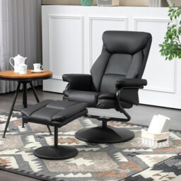Rackhams PU Leather Swivel Recliner Armchair with Ottoman, Black - Black - Steel - Black - thumbnail 2