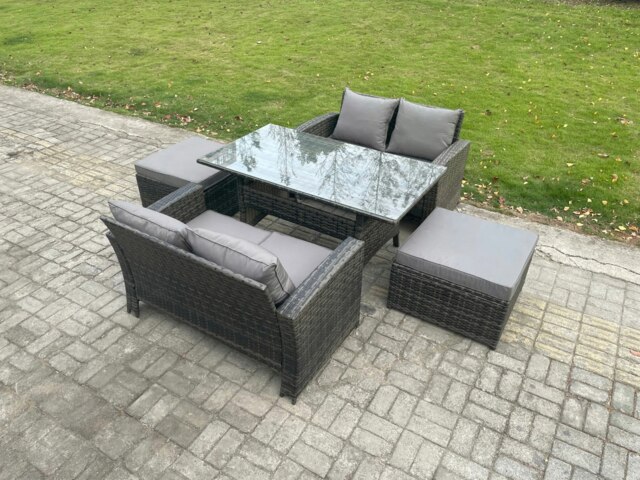 Rackhams 6 Seater PE Wicker Rattan Garden Furniture Set Love Sofa Outdoor Rectangular Dining Table 2 Big Footstool Dark Grey Mixed - image 1