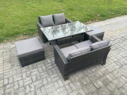 Rackhams 6 Seater PE Wicker Rattan Garden Furniture Set Love Sofa Outdoor Rectangular Dining Table 2 Big Footstool Dark Grey Mixed - thumbnail 2